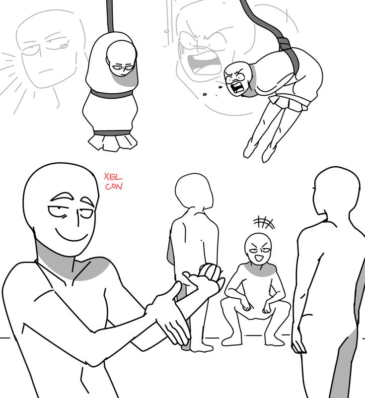 a digital illustration of a drawing prompt or base for an anime/manga character. the image consists of five different pose bases for the character. one of the bases has a speech bubble and the words "xel con" in the speech bubble.  the drawing is in black and white on a white background.