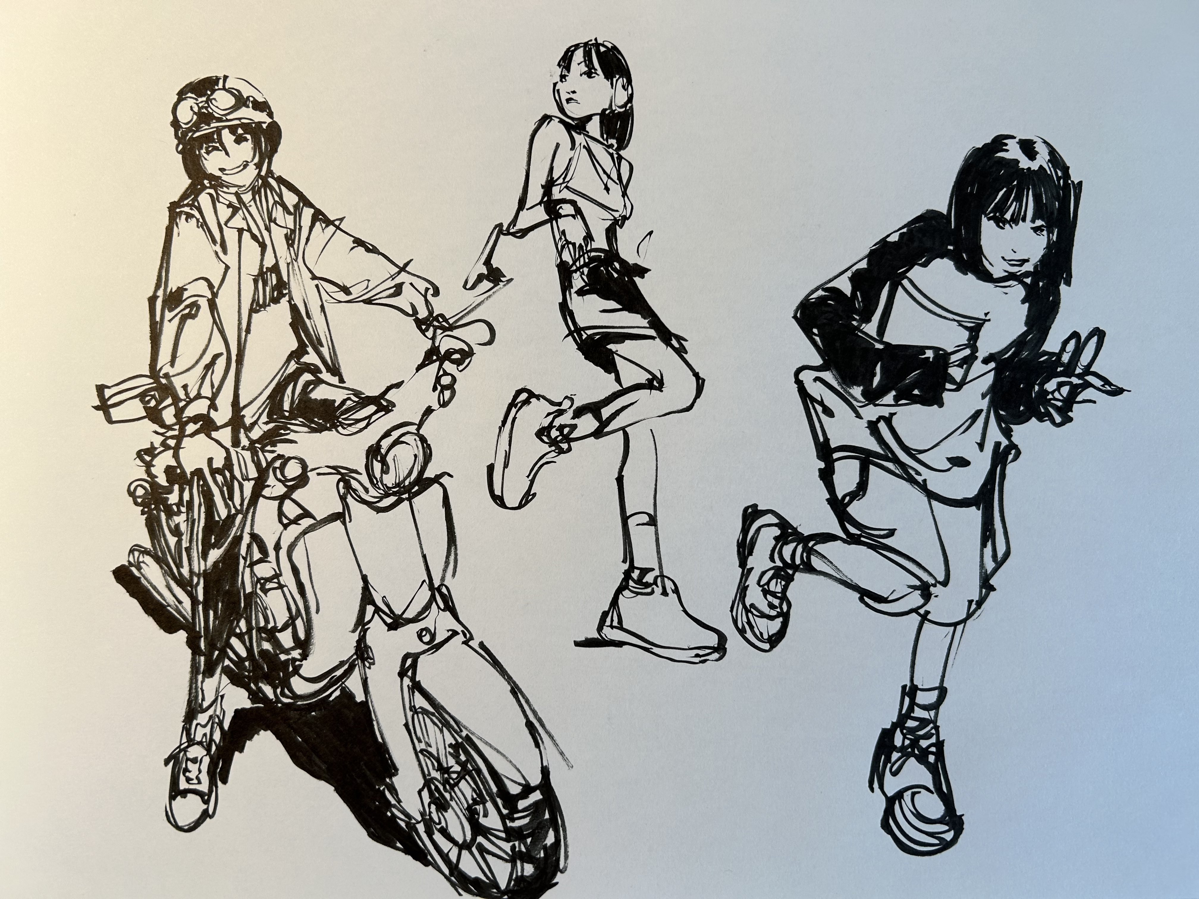 the image is a black and white sketch of three figures. one figure sits on a motorcycle while looking back at the viewer. the second figure stands in a dynamic pose, with one leg raised. the third figure appears to be running or skipping toward the viewer. all three figures have stylized proportions and clothing.  the drawing is done in ink and suggests a loose and expressive style.