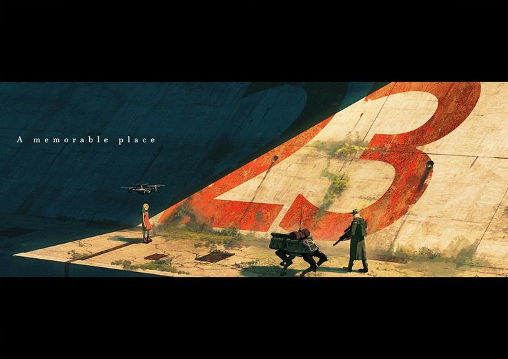 the image is a digital painting depicting a postapocalyptic or dystopian scene.  a young girl stands alone near a large, weathered surface with the number "23" painted on it in faded red. a soldier with a rifle stands further away, and a small robotic or mechanical dog is near him. a drone flies overhead. the overall atmosphere is somber and lonely, evoking a sense of desolation and memory. the color palette is muted with earthy tones and dull reds, creating a gritty, realistic effect. the scene is expansive, taking up the majority of the frame. the text "a memorable place" is present in the upper left corner.