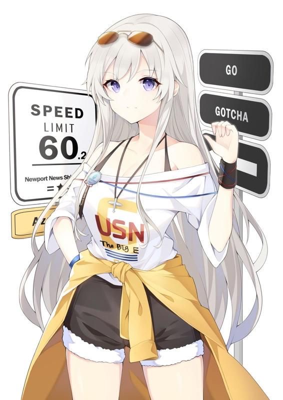 the image is of a young anime girl with white hair and purple eyes. she is wearing sunglasses, a white shirt with a usn logo, a yellow skirt, and black shorts. she is smiling and standing next to a street sign. the street sign is displaying a speed limit sign, a go sign, and a gotcha sign. the image is set against a white background.
