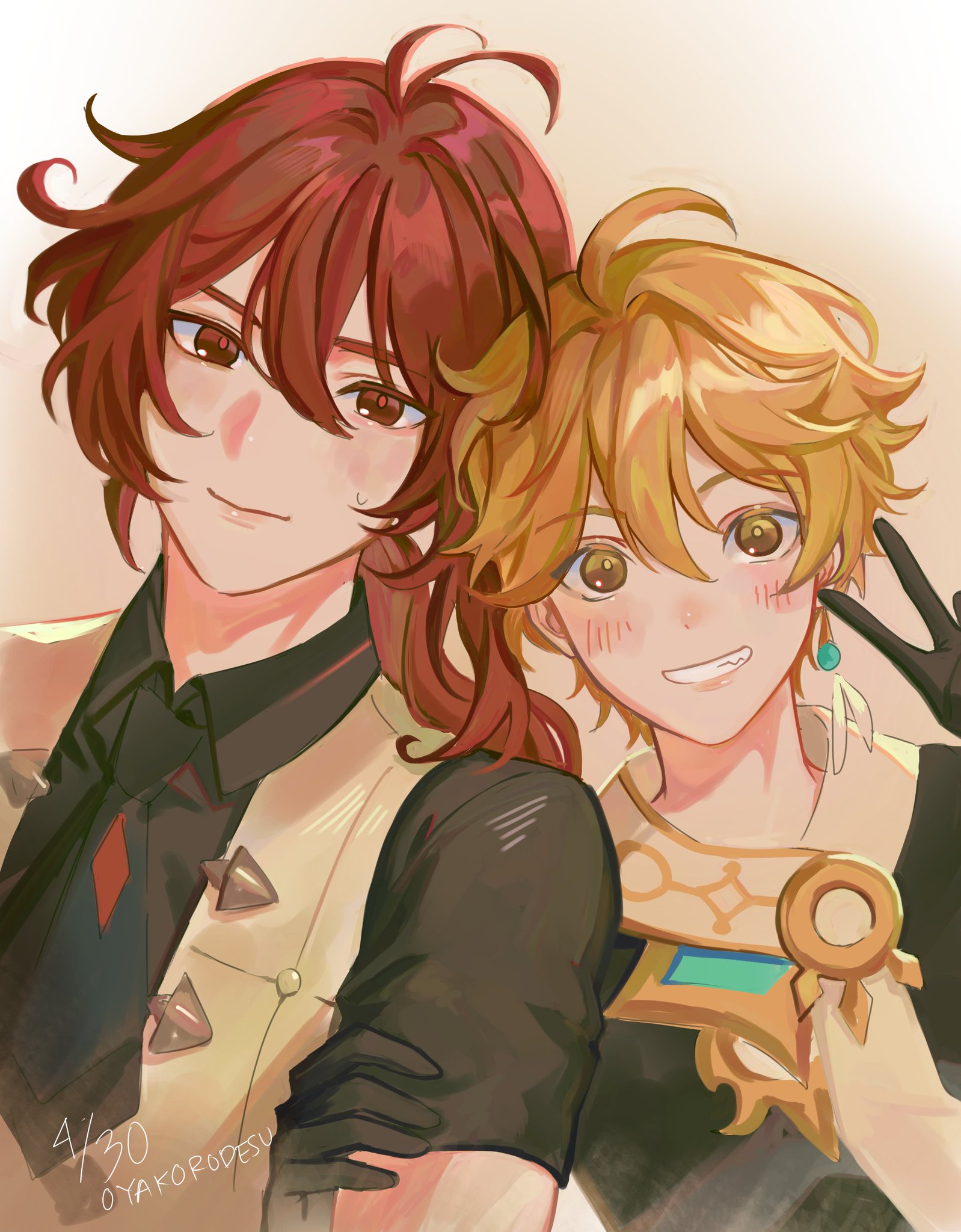 the illustration shows two anime boys, one with red hair and one with blonde hair, hugging each other closely. the boy with red hair is smiling gently, while the boy with blonde hair is beaming brightly, with a hint of blush on his cheeks. they are both wearing colorful outfits, suggesting they are from a fantasy or anime setting. the image exudes warmth and affection, hinting at a close bond between the two boys.