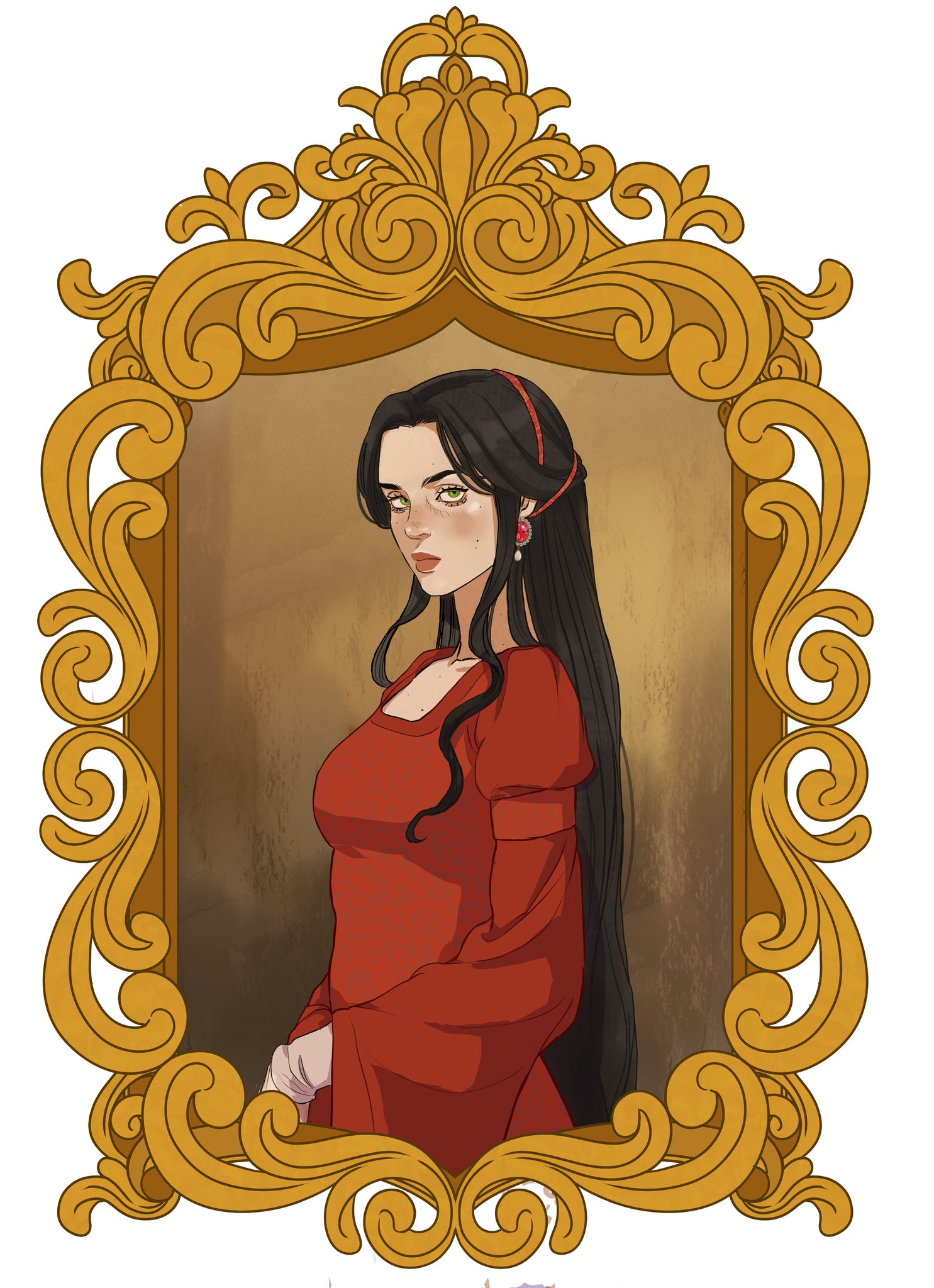 a digitally painted portrait of a woman with long dark hair and green eyes. she is wearing a red dress and red earrings, and her hair is adorned with a red band. the portrait is set in an ornate gold frame. the background is a muted brown color.