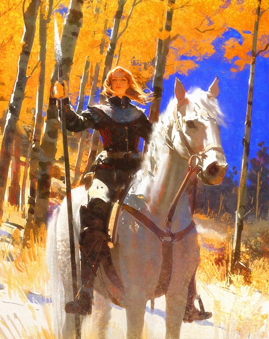 a female warrior with reddishblond hair, dressed in dark armor and leather pants, sits astride a white horse in a golden forest. she holds a spear in her right hand. the background features a clear blue sky.