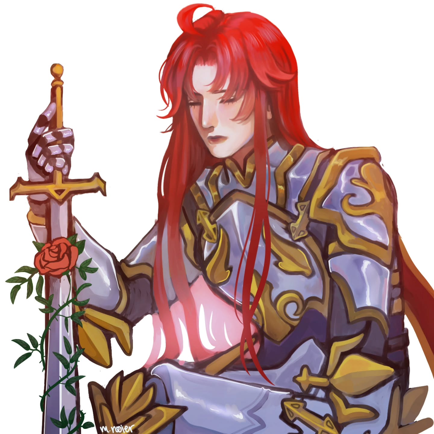 the image is a digital painting of a female knight in elegant, ornate armor. she has long, flowing red hair and is shown seated, holding a sword with a single red rose and vine wrapped around the blade. her expression is one of sadness or sorrow. the art style is reminiscent of anime or manga, with soft shading and vibrant colors.  the background is plain white, focusing attention on the character.