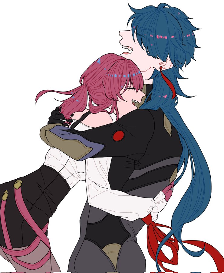 the image shows an animestyle drawing of a man and a woman hugging each other. the man has blue hair and is wearing a black and white outfit, while the woman has pink hair and is wearing a white and black outfit with red ribbon. they are both smiling and appear to be very happy. the image is drawn in a digital style and has a clean, simple look. it has a cute and romantic feel.