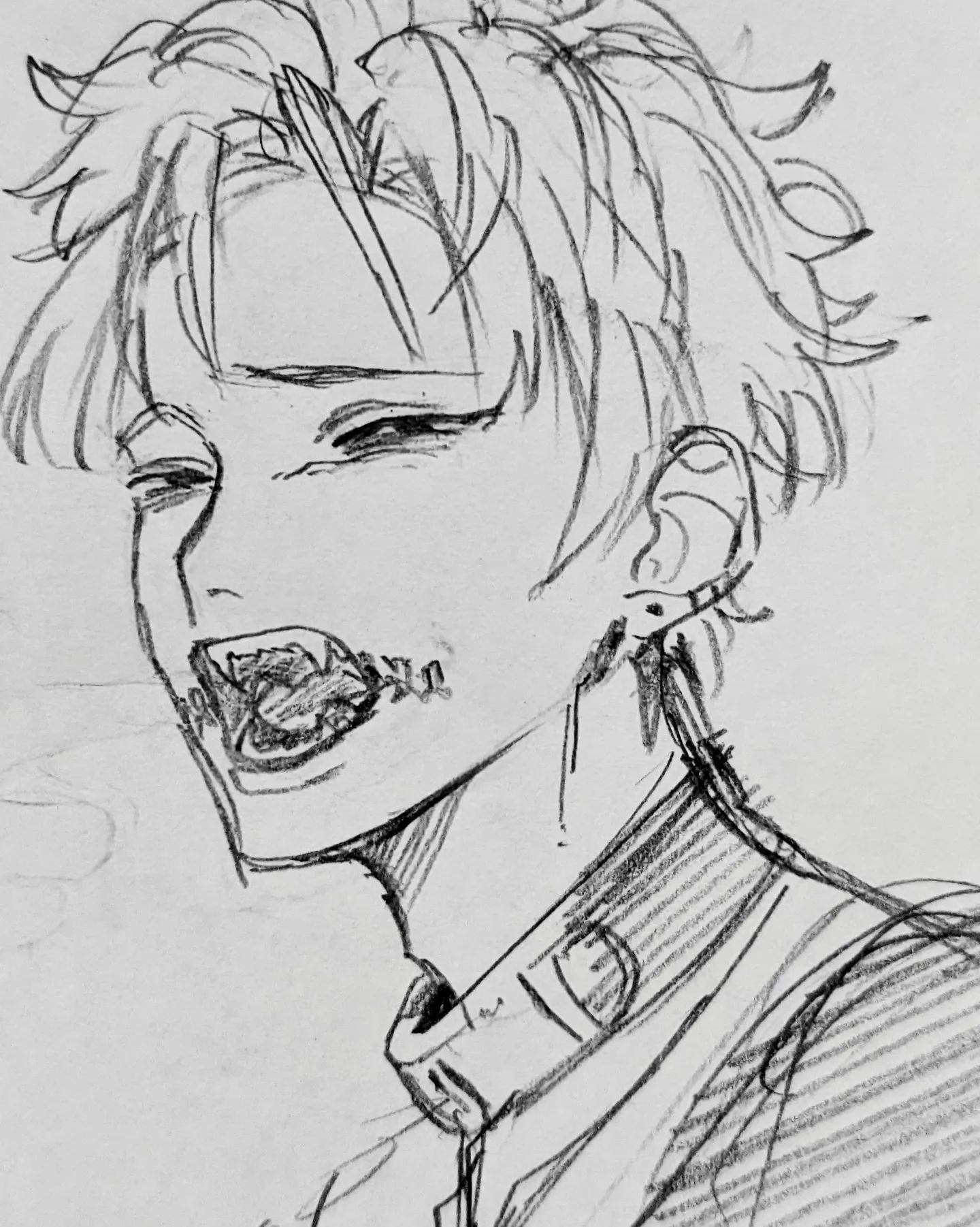 a black and white, pencil sketch, fanart portrait of kamado tanjiro from demon slayer. the portrait shows tanjiro from the shoulders up and he is turned slightly to the left and looking at the viewer. tanjiro has his mouth slightly open revealing his teeth.