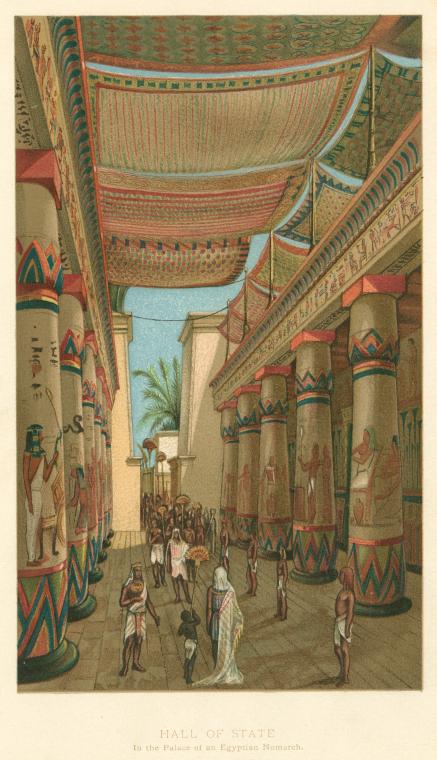 the image depicts an interior view of a grand hall of state within an egyptian palace. the hall is lined with large, intricately decorated columns covered in hieroglyphics and painted figures. an elaborate awning hangs overhead, creating a sense of grandeur. a procession of people is moving through the hall, with figures in both elaborate and simple attire. in the background, a view opens to the outside, revealing a palm tree and more of the palace structure. the scene is rendered in a detailed, illustrative style.