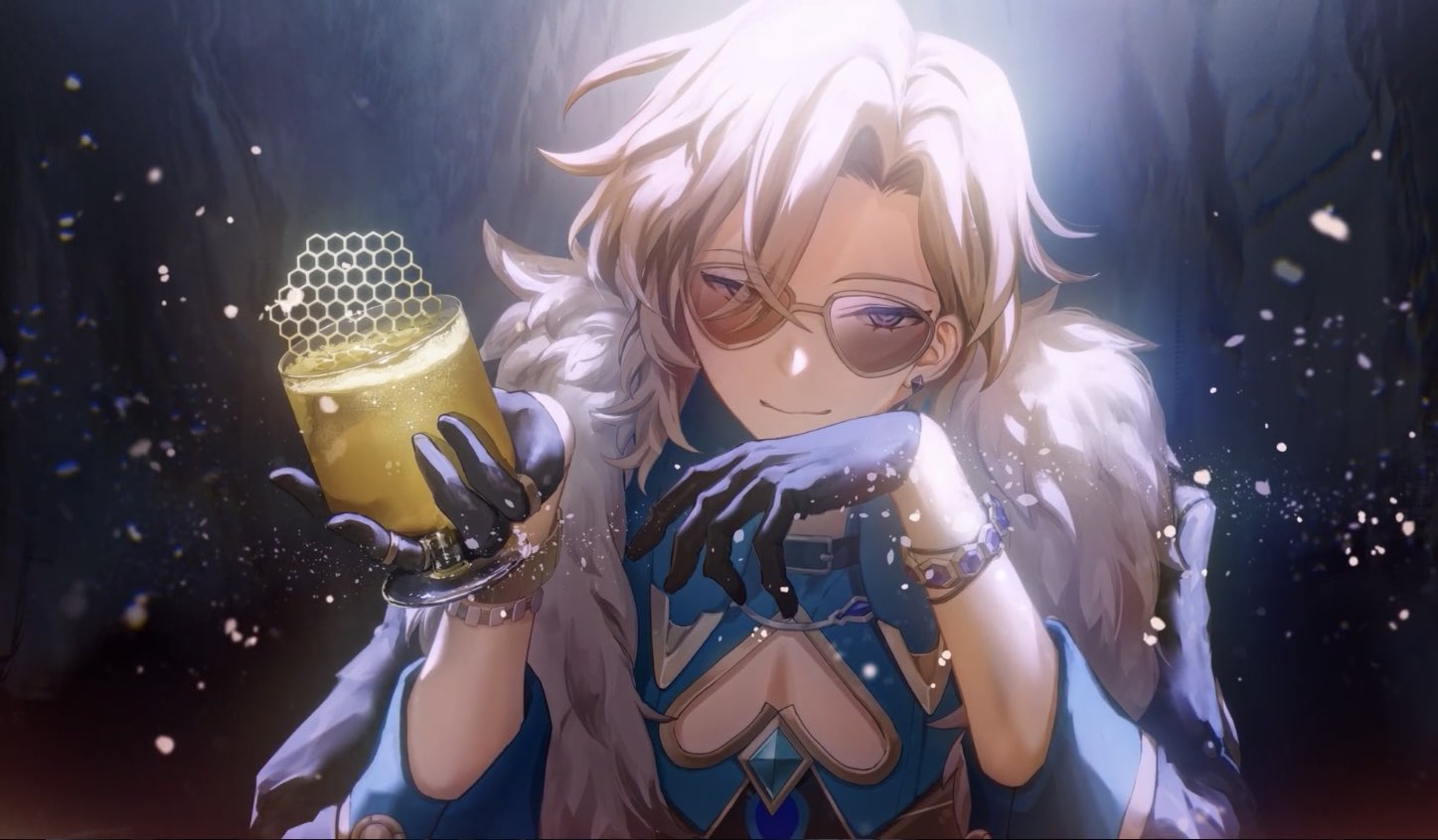 the image features a young woman with long blonde hair, wearing a blue and white dress with a white fur collar. she is holding a glass of yellow liquid in her left hand, while her right hand is resting on her left shoulder. the woman is smiling and looking directly at the viewer, giving a sense of elegance and mystique. the setting appears to be a dreamy, mystical forest with swirling lights and glittering particles. the overall vibe is elegant, stylish, and classy.