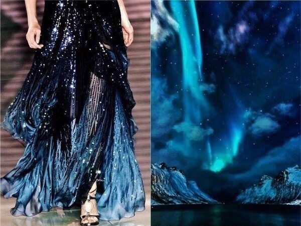 this image is a split image, showing a woman wearing a shimmering blue sequin dress on the left and a stunning view of the aurora borealis reflected in the water on the right. the dress is reminiscent of the night sky, with its shimmering sequins and blue hues. the aurora borealis, also known as the northern lights, is a natural light display in the sky, predominantly seen in the highlatitude regions (around the arctic and antarctic). it's a breathtaking spectacle of colorful ribbons and arcs of light dancing across the sky, creating a mesmerizing and magical experience. the mountains in the background add a sense of grandeur and scale to the image. the overall mood is one of beauty, wonder, and awe, reflecting the interconnectedness of nature and human creativity.