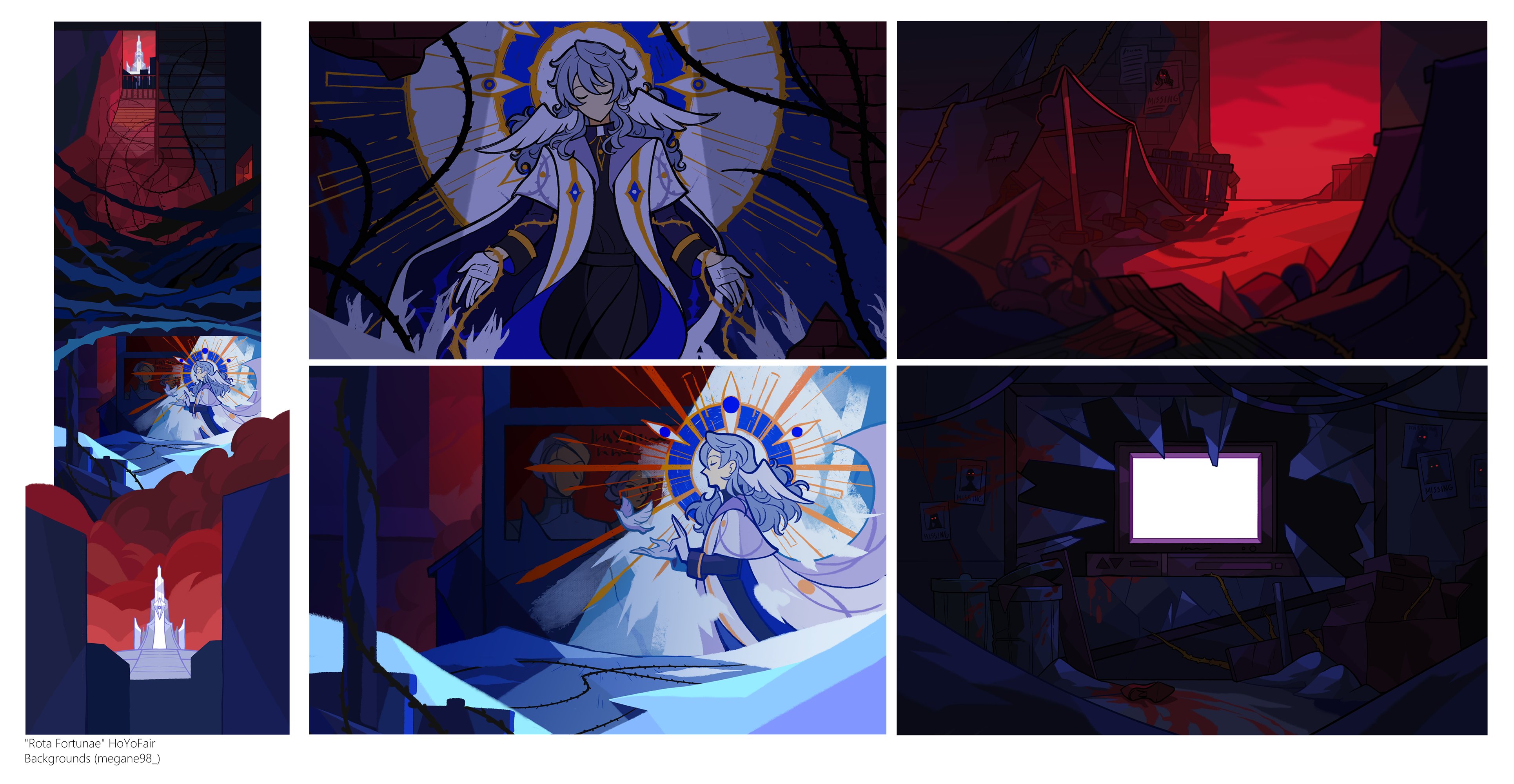 the image is a collection of six digital illustrations, possibly concept art for a video game or other media.  they are presented as a grid of two rows and three columns.  the style is dark fantasy with a blend of gothic and dystopian elements. top left: shows a dark, overgrown cityscape with a tall, white tower in the distance, suggesting a ruined or abandoned city. top middle: depicts a character, possibly an angel or divine being, with long white hair and blue eyes, wearing a long, ornate white and gold coat. this character is surrounded by a celestial halolike structure. top right: presents a scene of a desolate and ruined area, possibly after a disaster, with a redhued sky. bottom left: similar to the top left, showing a dark cityscape with a distant structure that is possibly religious or monumental in nature. a figure is seen in the middle distance, radiating light. bottom middle: another character, similar in style to the one in the top middle, appears in a dimly lit, potentially interior setting.  this character is also surrounded by celestial imagery. bottom right: a scene of a ruined interior space with a broken television and other debris, suggesting decay and violence.  a dark and gritty atmosphere permeates this panel.the overall aesthetic suggests a story involving contrasting elements of religious symbolism, apocalyptic settings, and perhaps a struggle between divine and earthly forces.  the inclusion of "rota fortunae," "hoyofair," and "meganee98" suggest this might be fanart related to a specific game or project.