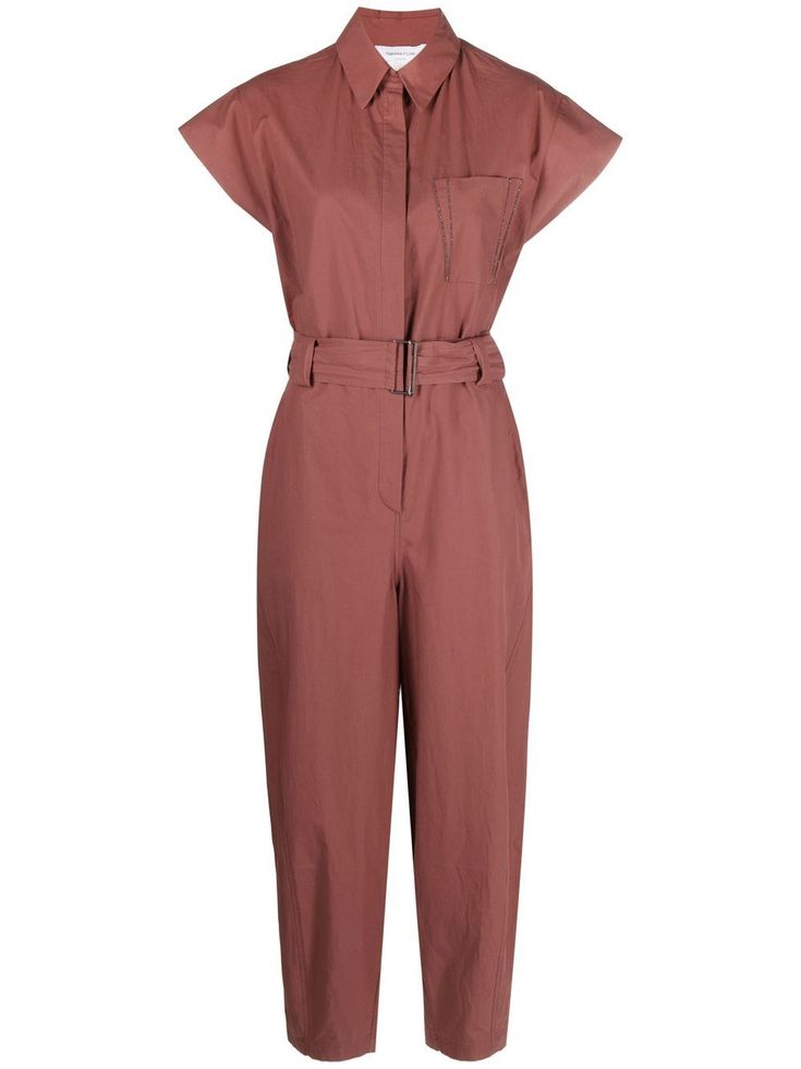 this is a red women's jumpsuit. the jumpsuit has short sleeves, a collared neckline, and a belted waist. it is a casual outfit, perfect for a summer day.