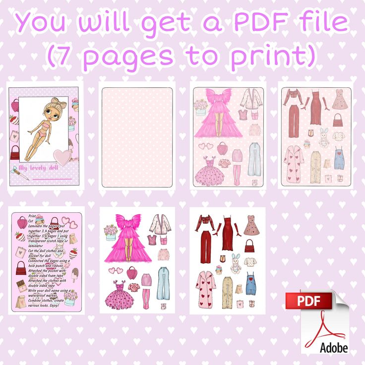 the image shows a digital product for a printable paper doll and doll clothes pdf. the product includes seven pages to print, featuring a doll, a blank page, several pages of clothing, and instructions on how to assemble the doll and clothes.