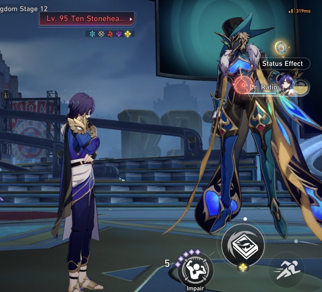 a screenshot from the video game honkai: star rail shows a battle scene. the player's character, a male with purple hair in a blue and white outfit, stands to the left side of the screen, observing a large, elaborate boss character named dr. ratio, who is centrally located. dr. ratio's design is detailed with blue and gold accents. the user interface (ui) shows the battle's status effects, the level of the enemy (lv. 95), the player's remaining actions (5), and other game information. the background depicts a futuristic city setting.