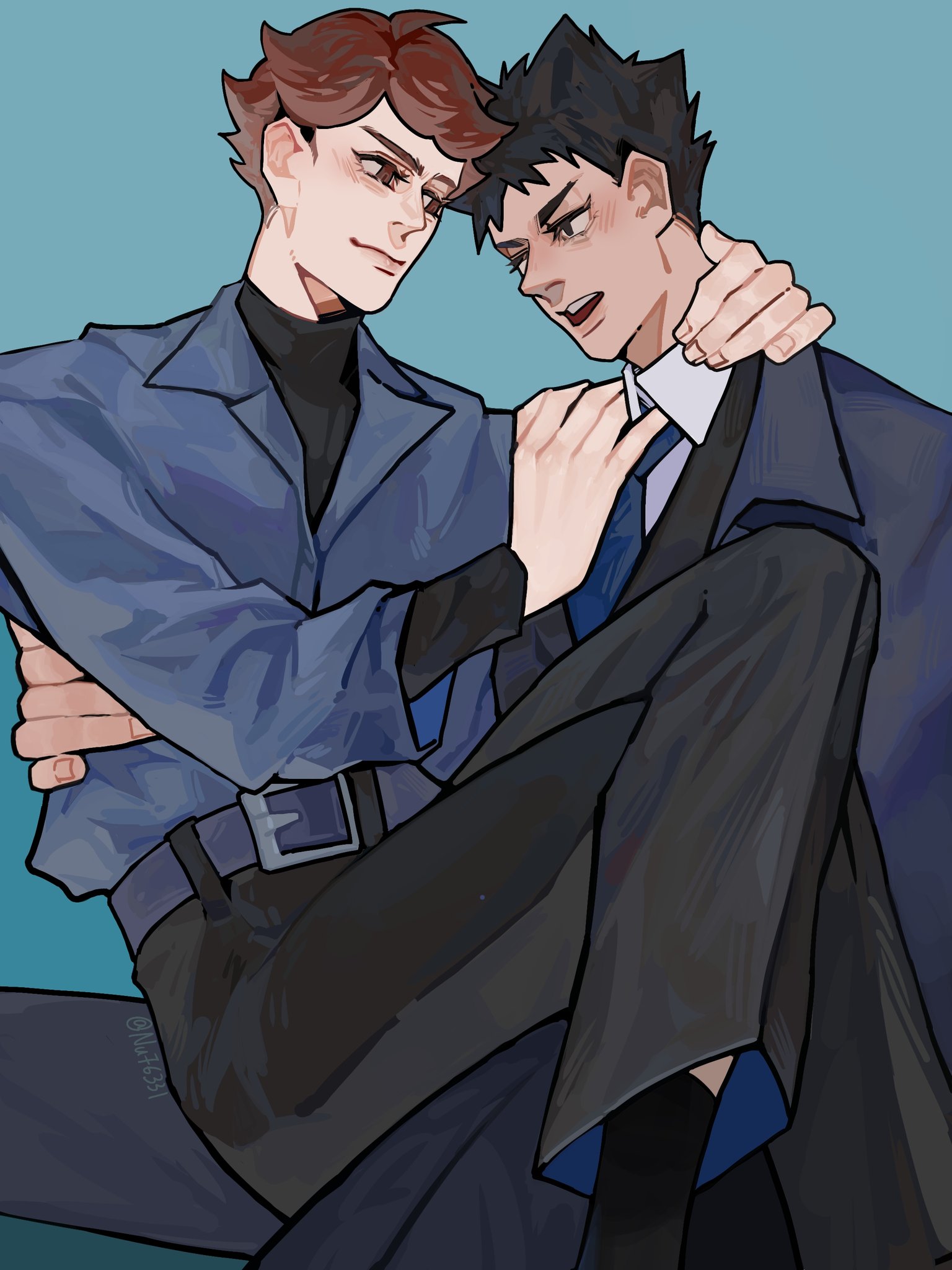 two anime boys are in an embrace, the one on the left is wearing a blue suit with a black turtleneck and the one on the right is wearing a black suit with a blue shirt and a tie. both have smiling expressions and are looking at each other. they are both drawn in a digital illustration style.