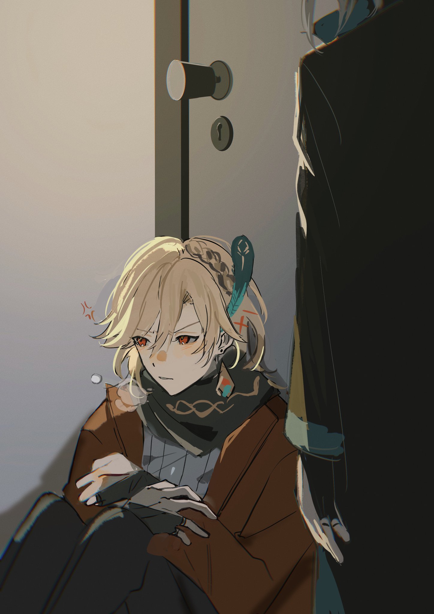 an anime illustration of a boy and girl. the boy is sitting with his head hung low and his hand covering his face, while the girl is standing behind him and looking at him. the boy is wearing a brown coat, blue scarf and black gloves and the girl is wearing a black jacket. they are both standing in front of a closed door, a keyhole is seen on the door. the atmosphere is one of sadness and worry. the boy seems to be in trouble or upset. the girl is looking at him with concern, maybe trying to comfort him or offer her help. the overall style is soft and warm, and the colors are muted. the background is a simple, blurred rendering of a room. the illustration is wellexecuted and captures the emotions of both characters effectively.