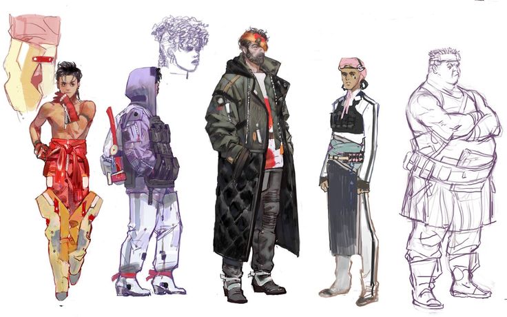 the image shows concept art featuring several character designs in various stages of completion.  the styles blend cyberpunk, streetwear, and potentially postapocalyptic or fantasy elements. some characters are fully rendered with detailed clothing and textures, while others are presented as rough sketches or studies. the characters exhibit diverse body types, ethnicities, and styles.  one character sports a long, quilted coat, another is depicted in vibrant, stylized easterninfluenced clothing, and there is a character with more casual, cyberpunkinspired attire. one character appears to be a large, imposing figure. there are also sketches that appear to be initial character design explorations included in the artwork. the overall style hints at potential character designs for a video game, graphic novel, or animation project.