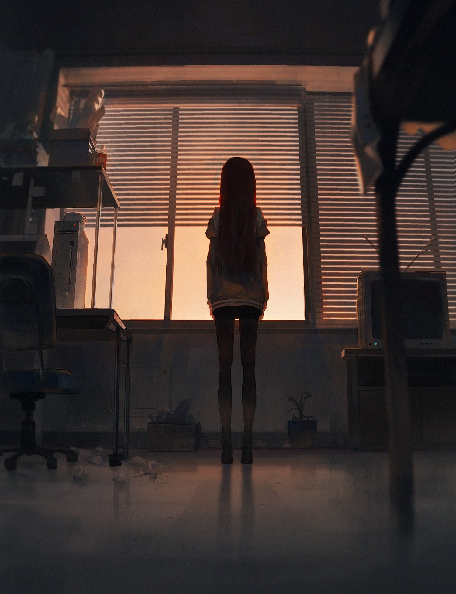 the image depicts a dark and shadowy room where an anime girl stands silhouetted against a window with blinds. the girl is alone, looking out of the window at the setting sun. the room is dimly lit, creating an atmosphere of sadness and loneliness.