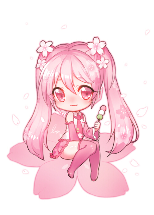 he image is of a cute anime girl in chibi style, with pink hair and eyes, sitting on a bed of pink cherry blossoms. she is wearing a pink and white outfit with thighhigh socks and has cherry blossoms in her hair. she's holding a stick of dango in her right hand and has a happy expression on her face. the background is white with falling cherry blossom petals. the overall image is very pink and gives off a soft and sweet vibe.