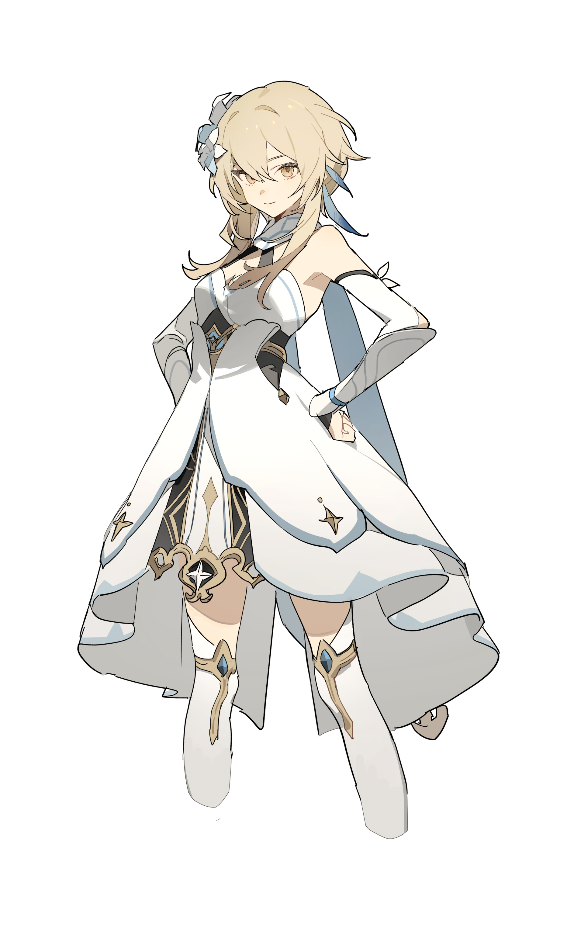 an image features the character lumine from the video game genshin impact. she is depicted with blond hair, fair skin, and wearing a white dress with blue accents. lumine strikes a confident pose, with her hands on her hips. she has a flower accessory in her hair and her expression conveys a sense of selfassuredness.