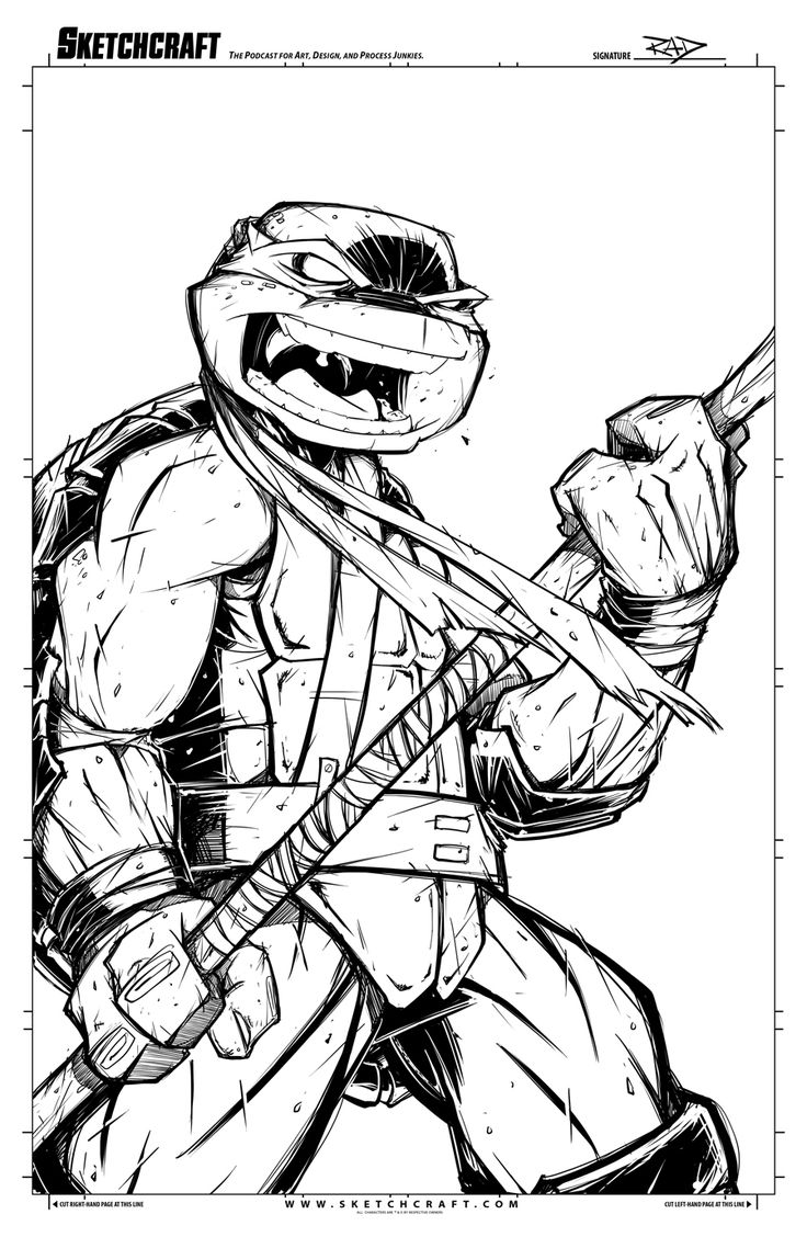 this is a black and white line art drawing of a teenage mutant ninja turtle holding a katana and looking very menacing. he is a very detailed drawing that has many lines and shading to give it a great comic book style.  he appears to be in the midst of a battle and is ready to strike.