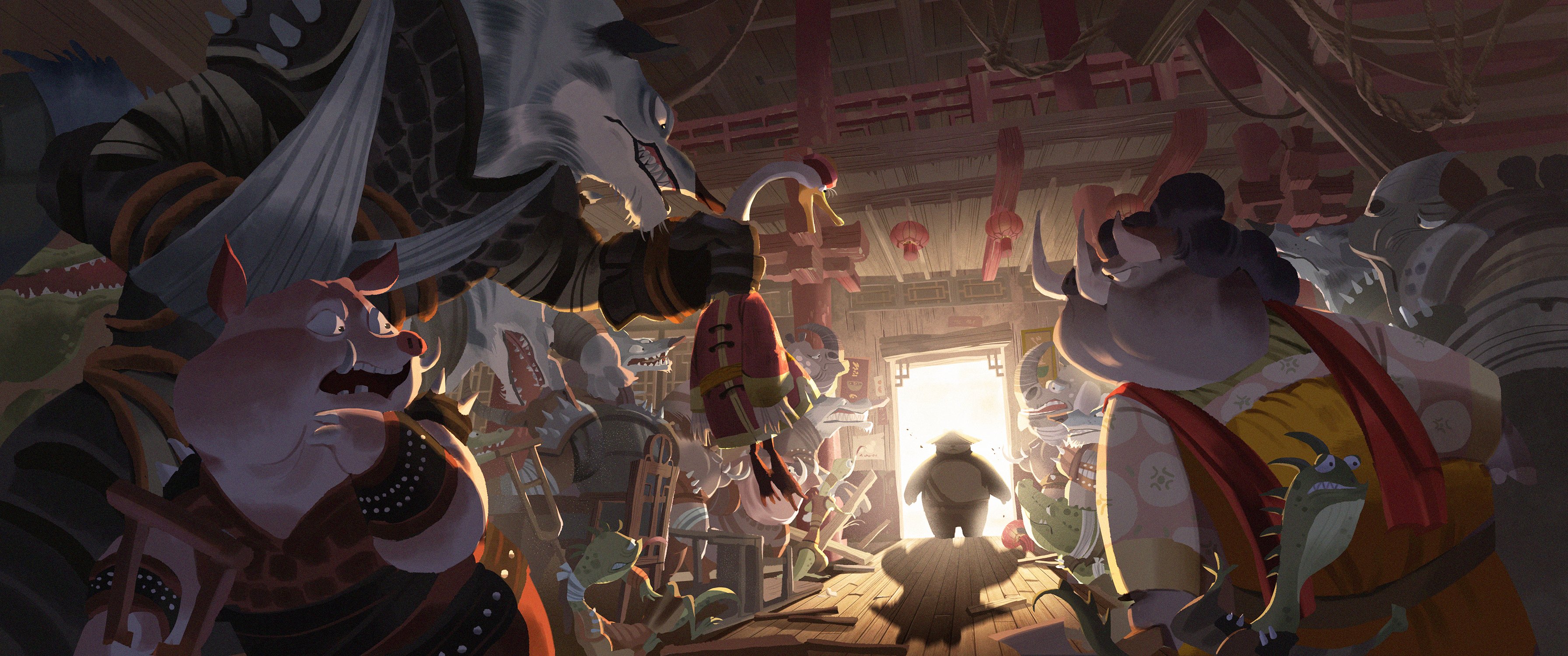 the illustration shows a dimly lit barn interior, filled with a crowd of anthropomorphic animals. the animals are a mix of different species, with pigs, wolves, and other creatures visible. the crowd is gathered around a brightly lit doorway, where a small figure is silhouetted against the light. the overall mood is one of anticipation or suspense, as if the crowd is waiting for the arrival or announcement of something important. the color palette is muted and earthy, with browns, grays, and dark reds dominating the scene.