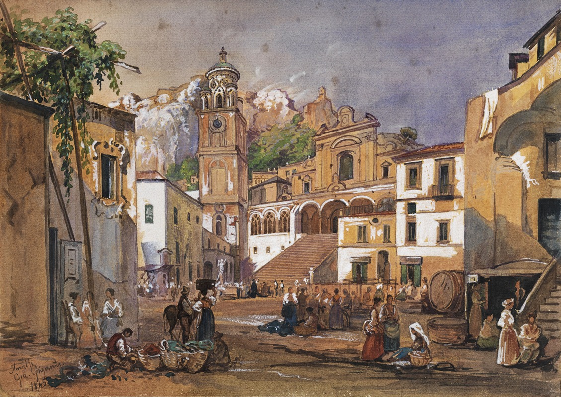 the image is a 19thcentury watercolor painting depicting a bustling street scene in amalfi, italy. the painting, signed by gioacchino gigante, captures the vibrant atmosphere of a market day in the town square. several figures are engaged in various activities, including buying and selling goods from baskets. a person on horseback is also present. the architecture of amalfi is prominent, with its distinct buildings, a church with a clock tower, and a grand staircase leading to a building. the scene is set against a backdrop of mountains, adding to the picturesque quality of the artwork.