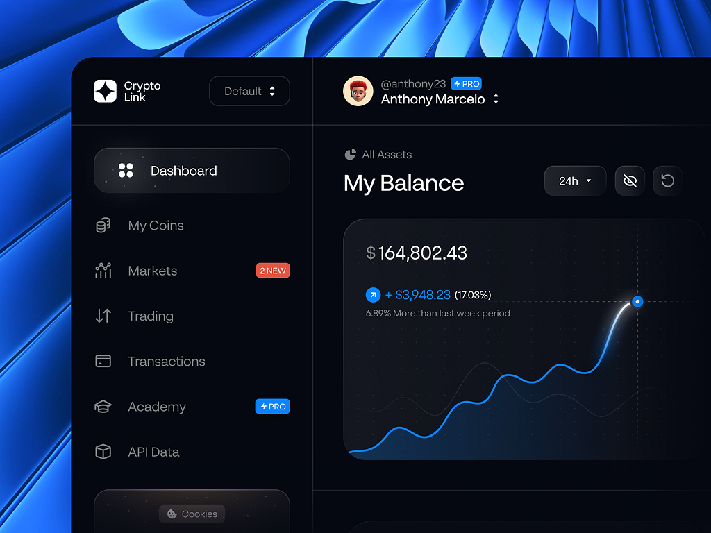 a dark mode user interface for a cryptocurrency trading platform, displaying a dashboard with account balance, portfolio performance chart, and navigation menu. the user "anthony marcelo" is viewing his account with a positive return on investment.