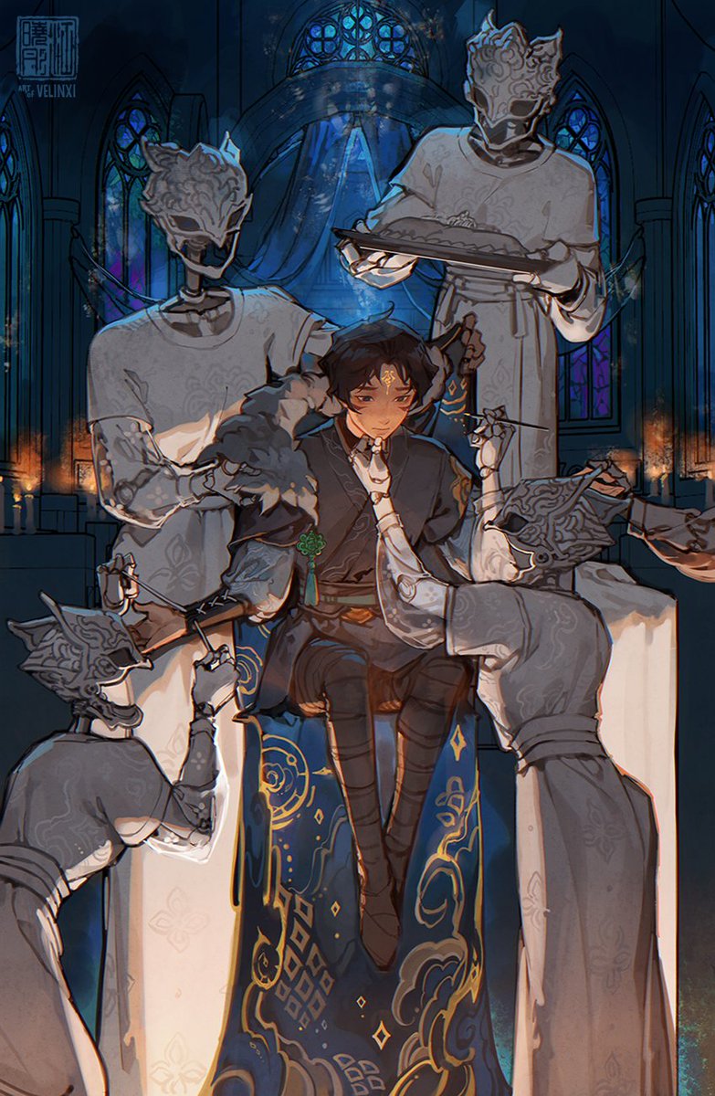 an illustration shows a young boy sitting on a decorated throne, surrounded by servants wearing ornate masks. the servants are tailoring his attire, while one holds a tray. the scene is set in a gothicstyle building with stained glass windows and candles, creating a dark fantasy atmosphere. the boy is dressed in royal attire and appears to be receiving a crown. the style is detailed and animeinspired.