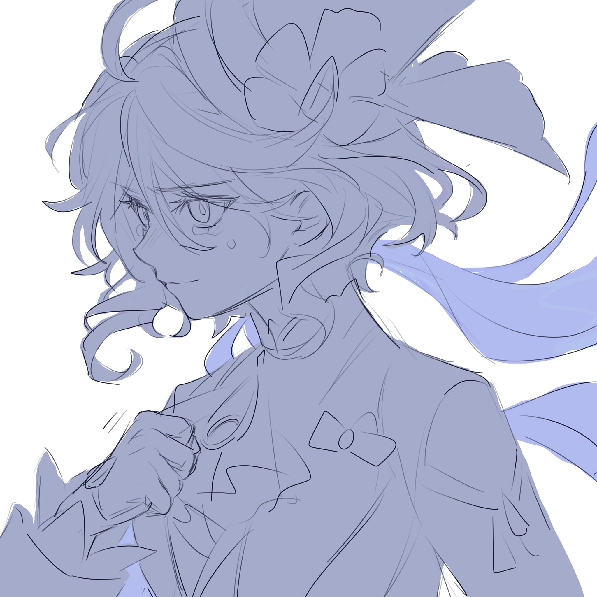 a sketch of a young woman with short, curly hair wearing a large bow and a ruffle collar.  she is looking off to the side with a sad expression. her hair is blue, and she is wearing a blue ribbon.  she is standing in a graceful pose with her hand resting on her collar.