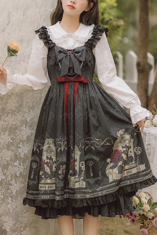 a woman in a black and gold vintagestyle dress stands in a garden. the dress is adorned with floral patterns, birdcages, and other intricate details. she is also wearing a white blouse with a peter pan collar and a black bow. the overall aesthetic of the image is romantic, feminine, and whimsical.