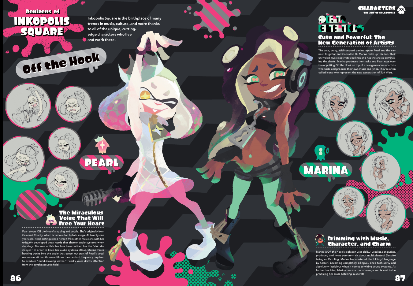 the image is a character design sheet featuring pearl and marina, the pop idol duo "off the hook" from the video game splatoon 2. the sheet provides details about their personalities, backgrounds, and musical styles. it includes fullbody illustrations of the characters, closeup portraits showcasing their expressions, and text boxes with information about their roles in the game's universe. the overall design is vibrant and colorful, reflecting the game's aesthetic.