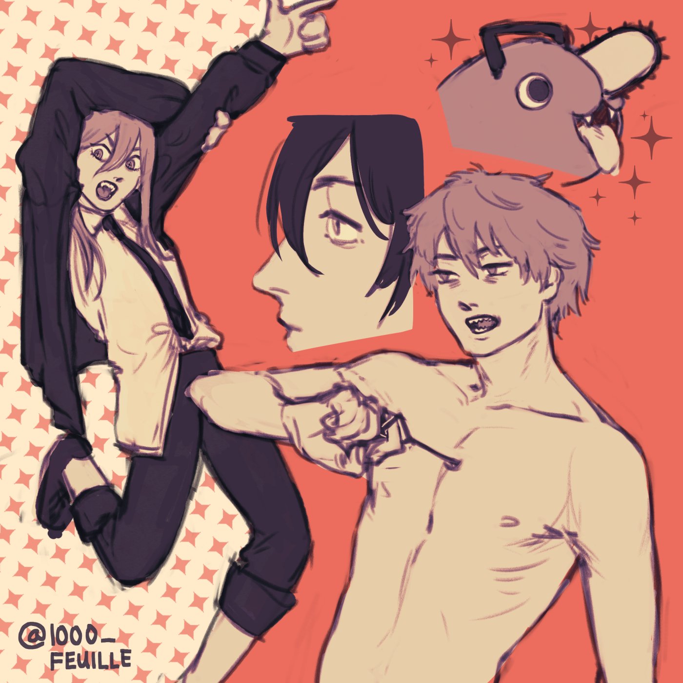 the image features three anime characters, two boys and one girl, against a red background with a repeating diamond pattern. one boy, shirtless with spiky brown hair, is holding his left hand close to his chest with his index finger pointed upward. he is wearing a purple choker and looking forward with a smile. the girl is wearing a white shirt with a black tie over a dark blue jacket and pants. she has long black hair with blonde highlights and is looking forward with a surprised smile.  the other boy is positioned behind the girl, with his back to the viewer, and is holding his right hand forward with his fingers curled.  his hair is a dark shade of black and he appears to be looking left with a serious expression. this image is likely from a graphic novel or anime and suggests a story involving the three characters.