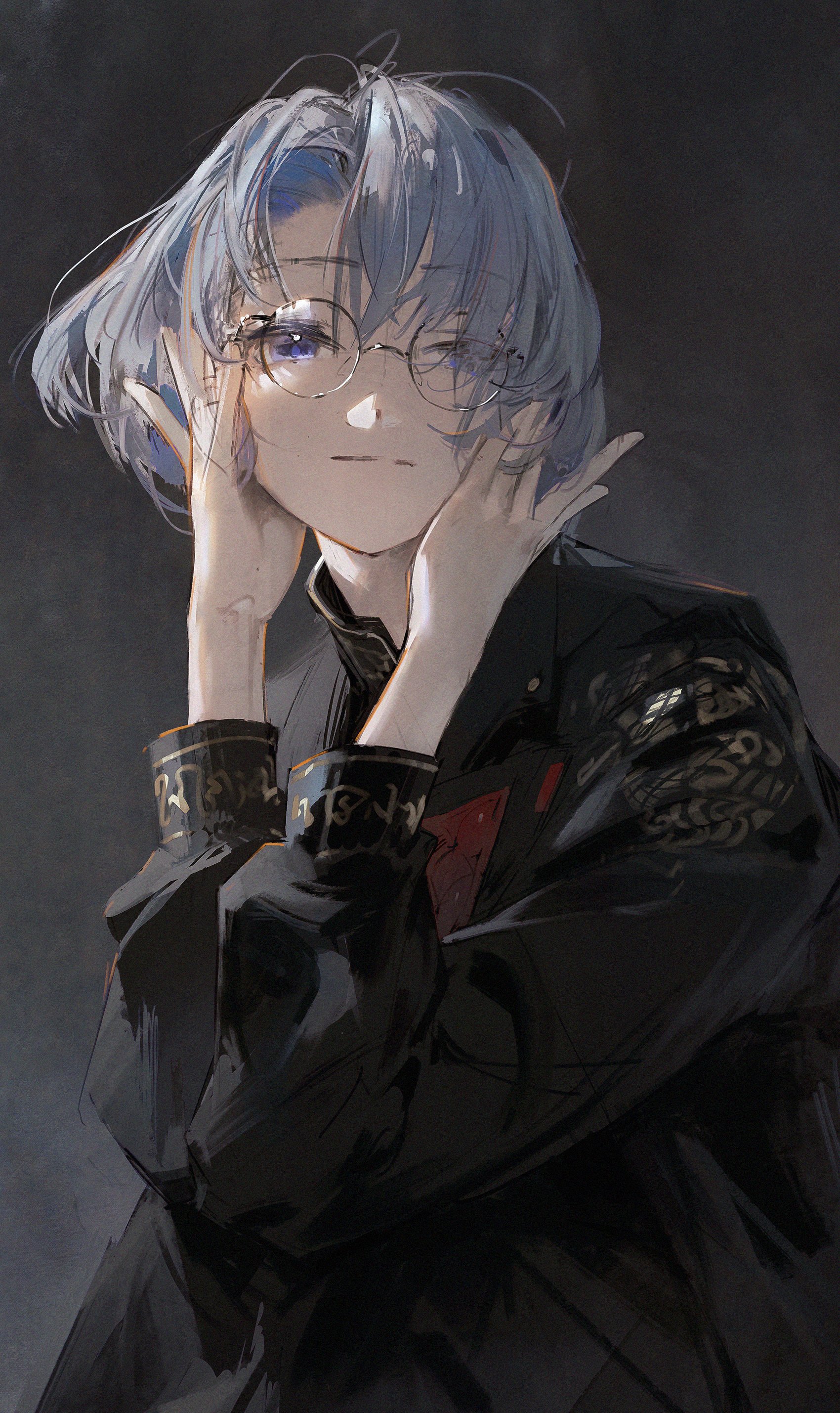 a digital illustration of a young anime girl with blue hair, wearing glasses and a black jacket. she is posed with her hands up to her face, her eyes closed. the image is dark and mysterious, with an elegant and stylish aesthetic.