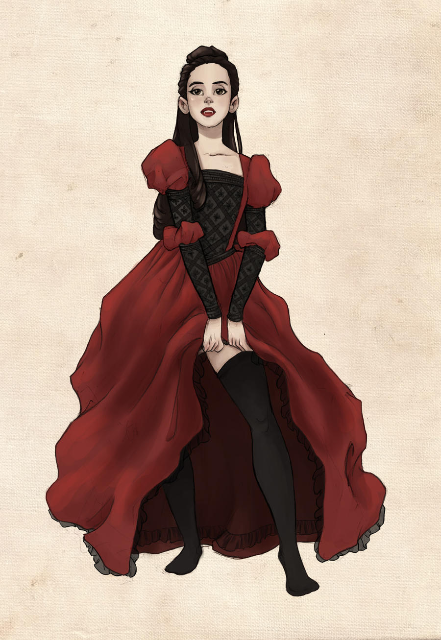 the image is a digital illustration of a young woman, possibly a fantasy or historical character, dressed in a long, crimson gown.  the dress is richly detailed with dark, lacelike sleeves and a lower hem that is slightly ruffled. she wears black stockings and has dark hair styled in an updo.  her expression is somewhat serious or pensive. the overall style is reminiscent of both medieval/renaissance fashion and perhaps a touch of gothic or art nouveau influences. the background is a neutral, textured offwhite. the art style is smoothly rendered with soft shading and attention to detail in the clothing and the character's features. the woman seems to be subtly lifting her dress, revealing her legs and stockings.