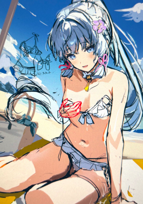 the image is a digital drawing or painting of an animestyle girl sitting on a beach. she has long, light blue hair tied in a ponytail, and she's wearing a light blue and white bikini.  the style is loose and sketchy, with visible brushstrokes and some areas appearing unfinished or in a sketchlike phase. a faint sketch of a swimsuit is visible in the upper left corner. the overall mood is summery and relaxed, with a hint of sexiness. the background shows a bright blue sky and ocean.