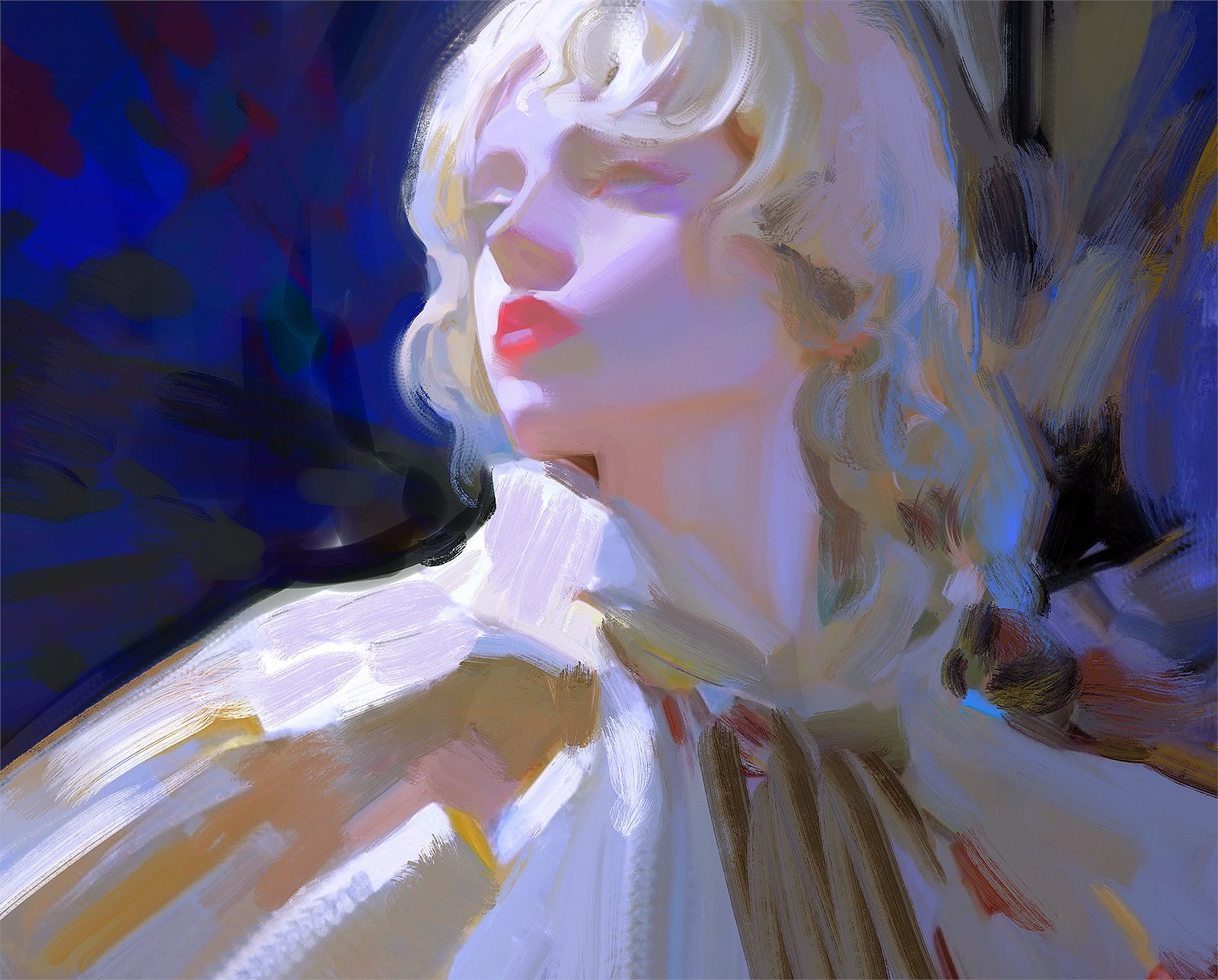 a digital painting of a woman with long blonde hair, her eyes closed, her lips painted red.  the background is a blur of blue and white, giving the image a dreamy, ethereal quality.  the brushstrokes are visible, adding to the texture and depth of the painting.