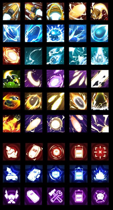 this image displays a grid of icons, likely representing abilities, powerups, or skills in a video game. each icon is distinct with a unique design and color scheme. they are displayed on a dark background, highlighting the icons themselves. the icons showcase a variety of effects and symbols, suggesting different types of ingame actions or enhancements.