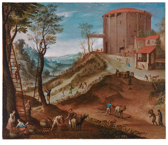 the painting depicts a rural scene with figures engaged in harvesting activities in the months of september and october. on the left, people are shown picking and sorting fruit, possibly apples, with baskets and ladders. in the center, figures are loading donkeys with fruit. on the right, there is a round building with other smaller structures, barrels, and people engaging in different activities. the landscape includes hills, trees, and a sense of countryside life. the text "septiembre" and "octubre" are visible at the bottom.