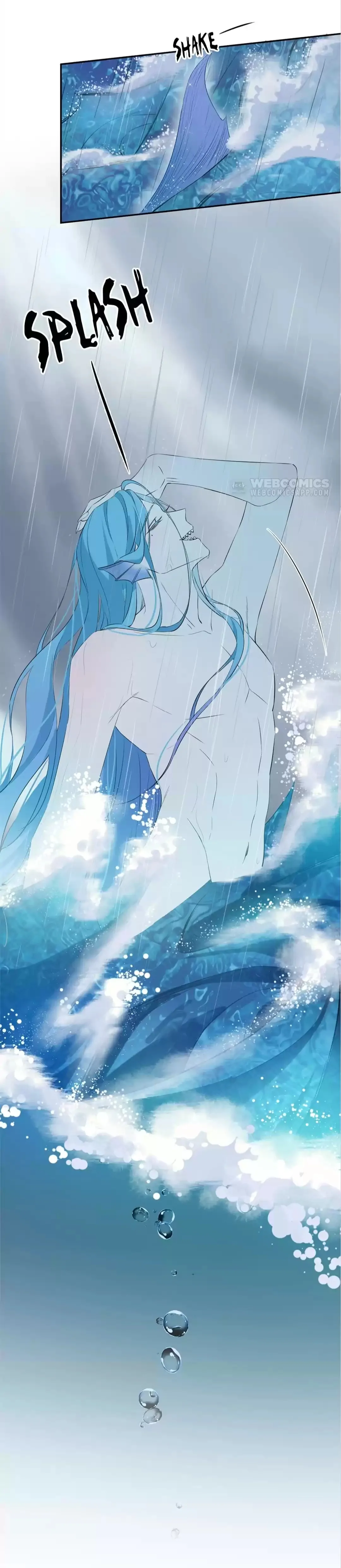 the image is a comicstyle illustration depicting a mermaid emerging from the ocean.  she has long, flowing blue hair and appears to be surfacing from a wave, with bubbles rising behind her. the top panel shows a small shark swimming in the ocean before she splashes down. the overall color scheme is cool blues and whites, creating a serene but dramatic atmosphere. the style suggests a fantasy or mythical setting.