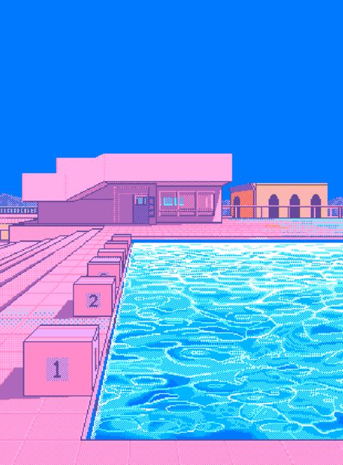 a pixel art depiction of a summer scene with a pink building, a swimming pool, and a clear blue sky. the pool has a blue and white rippling water effect, while the surrounding buildings are painted in soft pink. there is a small, white building in the distance to the right. the image has a retro 8bit feel and is very simple.