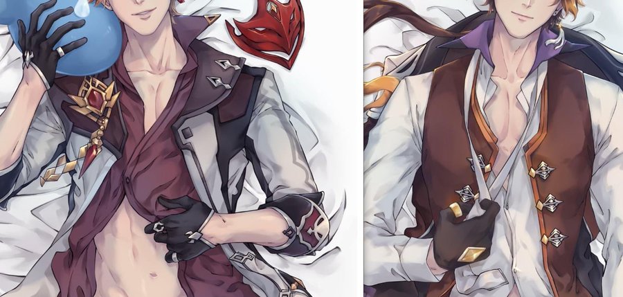 this is a drawing of two anime boys. the boy on the left is wearing a white shirt, a dark vest, and black gloves. his shirt is unbuttoned, showing off his abs. the boy on the right is wearing a white shirt, a brown vest, and black gloves.  his shirt is unbuttoned as well, showing off his chest.  both boys are smiling, and they are both looking at each other.  they are very close together, and it is clear that they are in love.  the drawing is very detailed, and the colors are vibrant. the boys are looking towards each other, which makes the drawing look even more romantic.