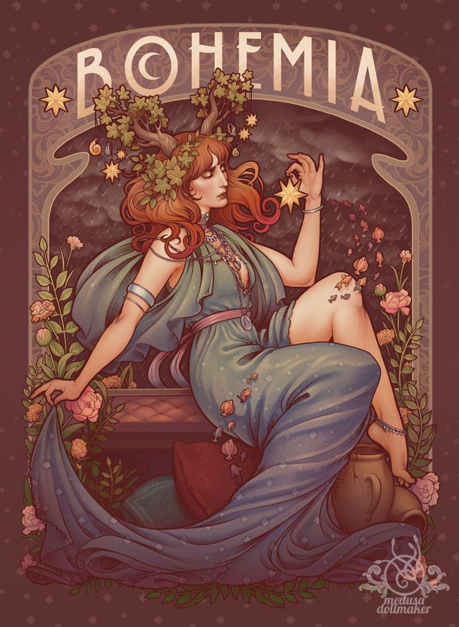 an art nouveaustyle illustration depicting a redhead woman in a bohemian style, wearing a flowing bluegreen dress, sitting with flowers and foliage around her. she has antlers adorned with leaves and stars, and she is holding a star in her hand. the word "bohemia" is displayed above her in a stylized font, and the artwork is signed "medusa dollmaker" in the bottom right corner.