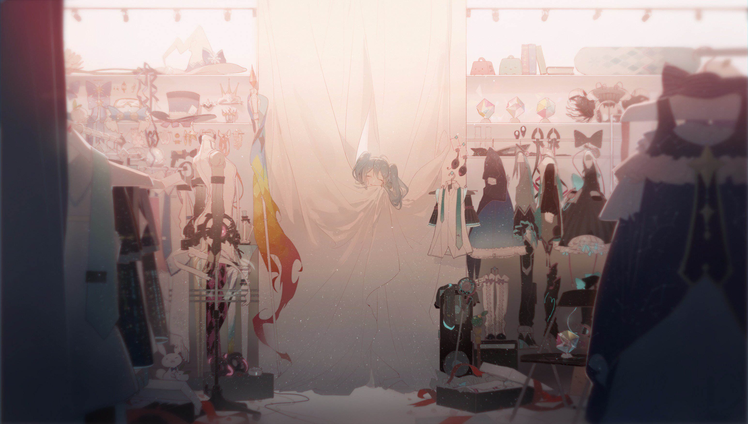 the image is a digital illustration depicting the inside of a cluttered wardrobe or dressing room. numerous clothing racks are filled with various garments, including dresses and other attire. shelves are laden with hats, bags, and other accessories. a female figure with blue hair is partially obscured behind translucent curtains in the center of the image. the color palette is dominated by light colors and soft lighting, creating a hazy, dreamlike atmosphere. the overall impression is one of creative disarray and artistic expression.