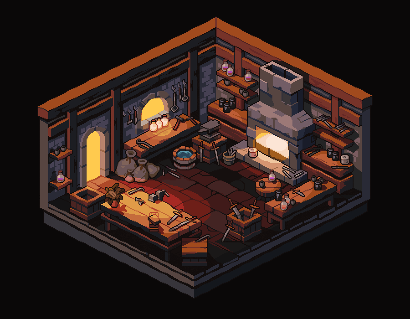 the image is a detailed isometric pixel art rendering of a medieval blacksmith's workshop.  the scene is dimly lit, with warm light emanating from a central fireplace and a window.  the workshop is cluttered with various tools, including an anvil, workbenches laden with supplies and partially finished items, and sacks of materials. shelves along the walls hold tools, potions, and other items. the overall aesthetic is dark and rustic, creating a strong sense of atmosphere. the scene is richly detailed, with a focus on creating a realistic and immersive depiction of a blacksmith's workspace.  the isometric perspective gives a clear view of the workshop's layout and contents.