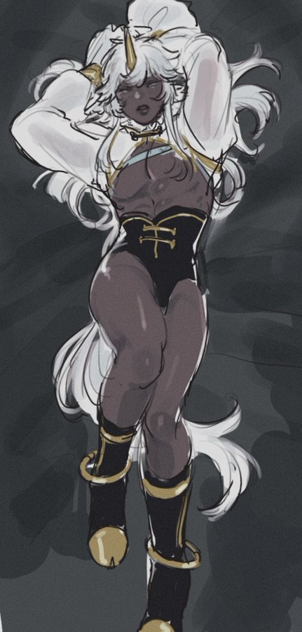 the image is a digital fanart depicting a muscular, darkskinned male character with long white hair and a single unicorn horn. he's dressed in an elegant outfit that combines a white, flowing top with a dark corset and goldaccented boots. the pose suggests a relaxed and somewhat lounging position, and the overall style is dramatic and mysterious, blending fantasy elements with a touch of elegance.  the art style is loose and slightly sketchy, giving it a dynamic and expressive quality.