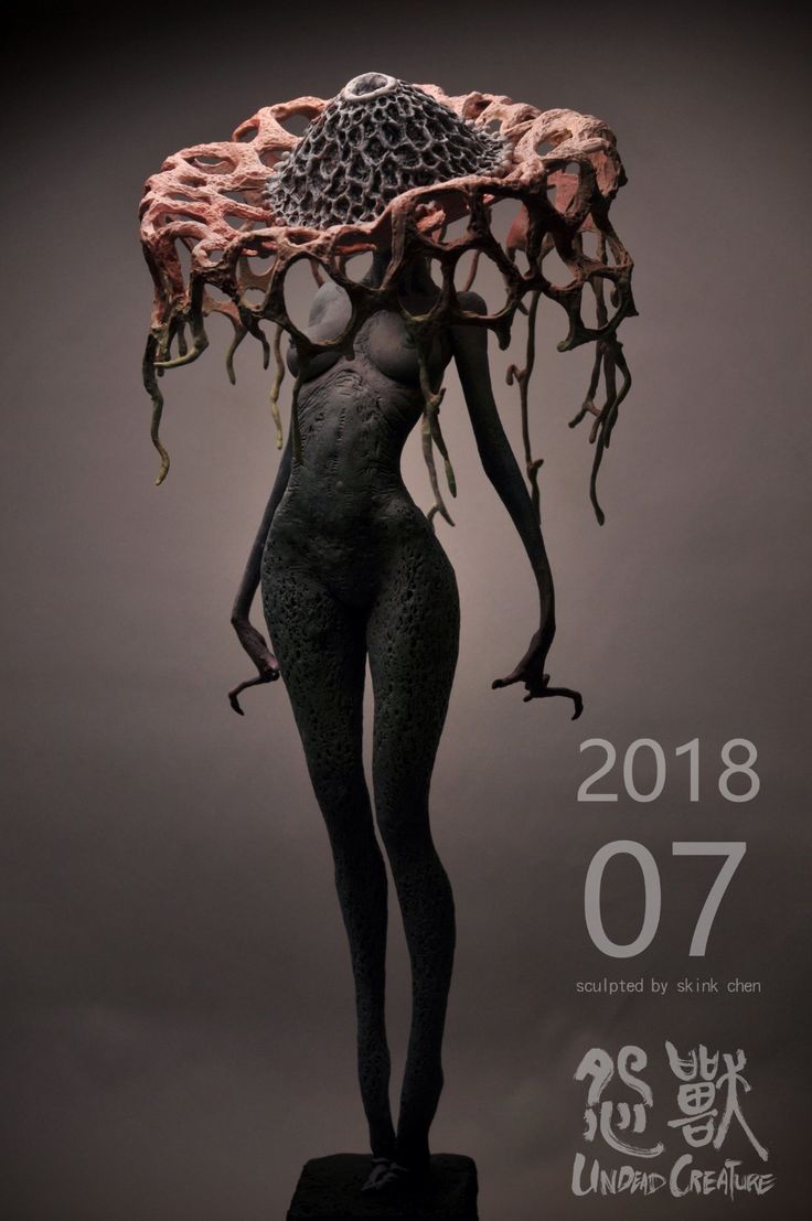 a dark and eerie sculpture of a female figure with a mushroom hat. the figure is made of a dark, rough material that suggests an undead or monstrous nature. the sculpture is set against a dark background, which enhances the sense of mystery and dread. the hat on the head is a strange and intricate mushroomlike design, adding to the otherworldly feeling of the piece.