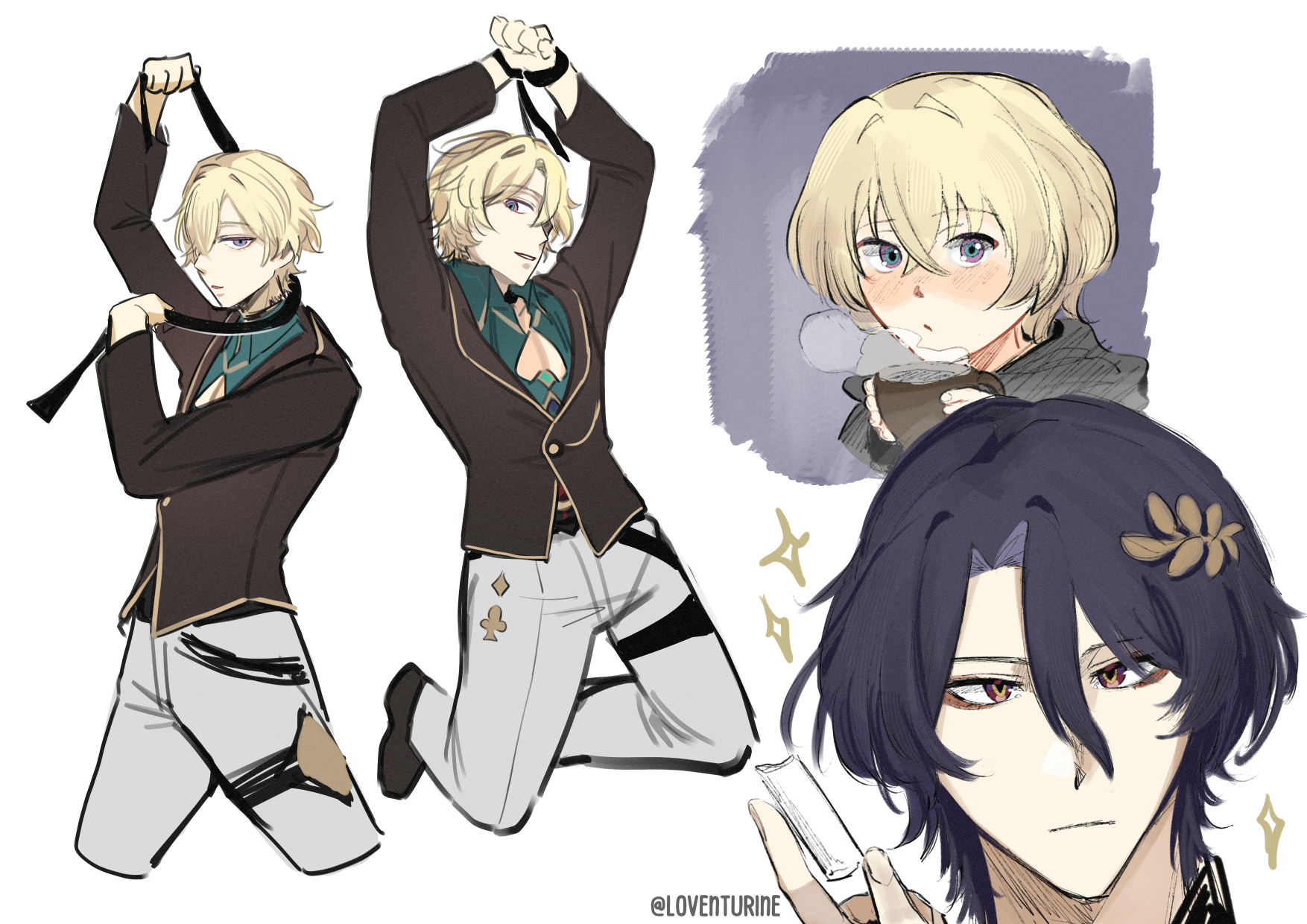 this is a digital illustration featuring 3 male anime characters. one character is blonde with blue eyes and is wearing a black coat, white shirt, and grey pants. he is seen in 3 poses: holding a black tie, kneeling with hands up, and sitting with a cup of tea in hand. the second character has black hair with a single brown leaf behind his ear, and dark eyes, he is holding a cigarette and looking stoicly. the third character is also blonde with blue eyes and is wearing a dark coat. he is wearing a white shirt and holding a cup of tea. all 3 characters are drawn in an anime style with large, expressive eyes. they are all depicted with different facial expressions, which adds to their personalities.