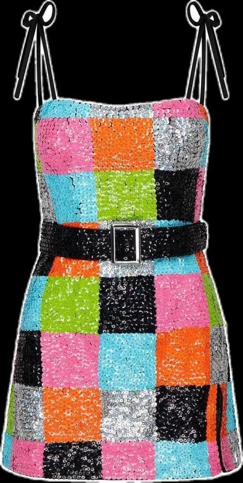 a colorful, sequined mini dress with a black belt and adjustable straps is shown. the dress is made of patchwork squares in colors of pink, orange, green, blue, silver, and black. the belt is black with a silver buckle. the straps are thin and black, and tied in a bow at the shoulders.