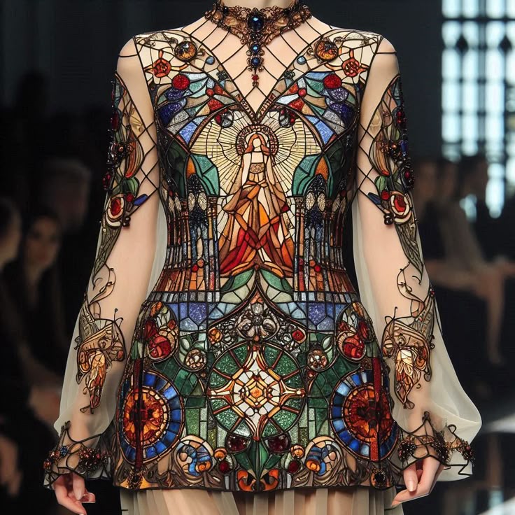 the image shows a dress that resembles stained glass artwork. the dress features a sheer fabric base with intricate, colorful patterns that mimic the look of stained glass windows. the designs include religious figures, geometric shapes, and floral motifs. the dress has long sleeves and a high neckline adorned with a beaded choker. the overall appearance is ornate and detailed, reminiscent of high fashion runway designs.