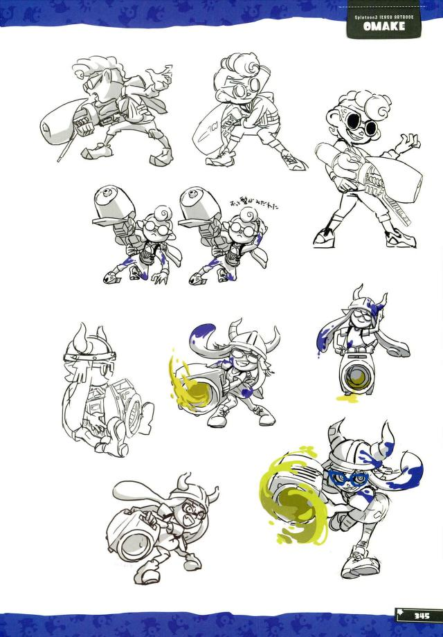 a page from an art book featuring pencil sketches of a splatoon character. there are multiple sketches of the character with different poses and expressions.